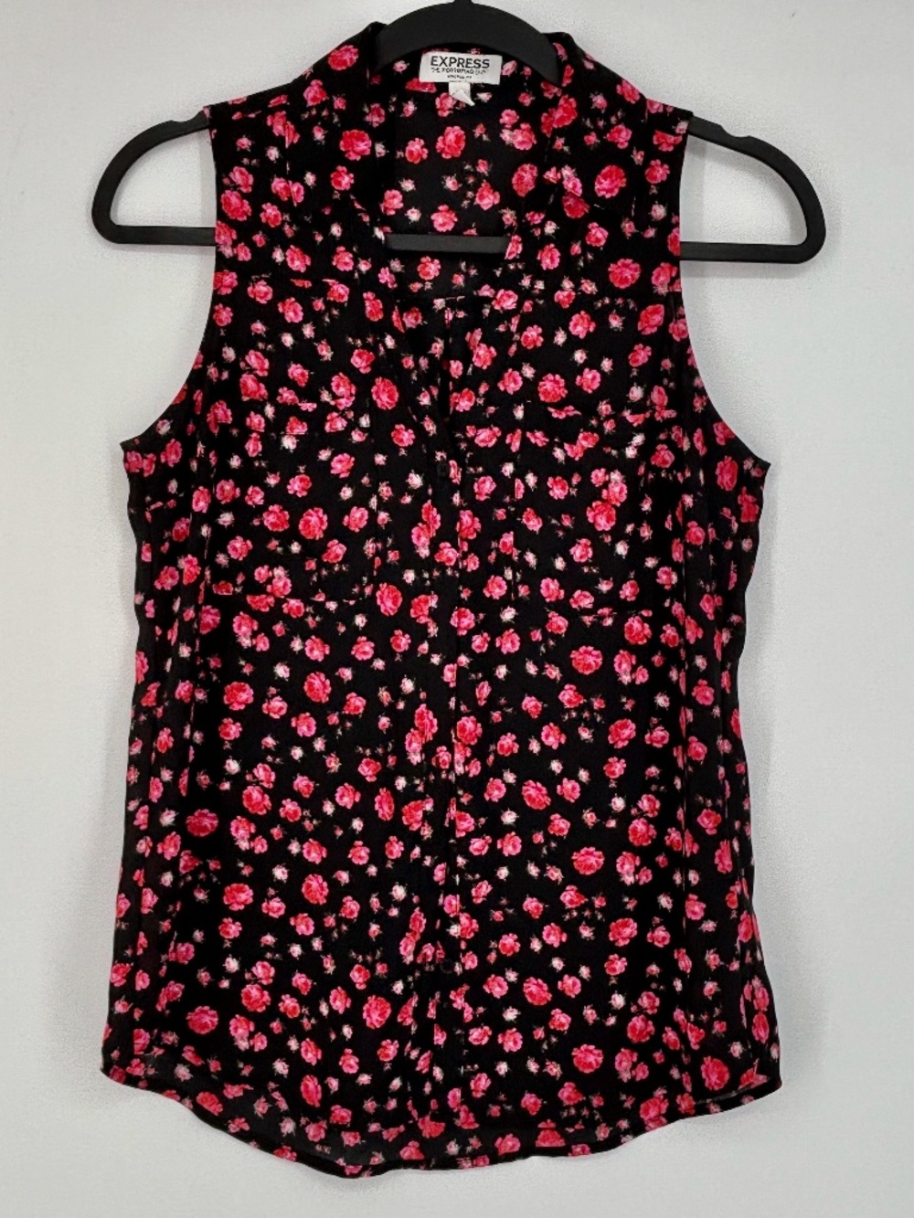 Express Womens XS The Portofino Button Front Shirt Black Pink Floral Sleeveless